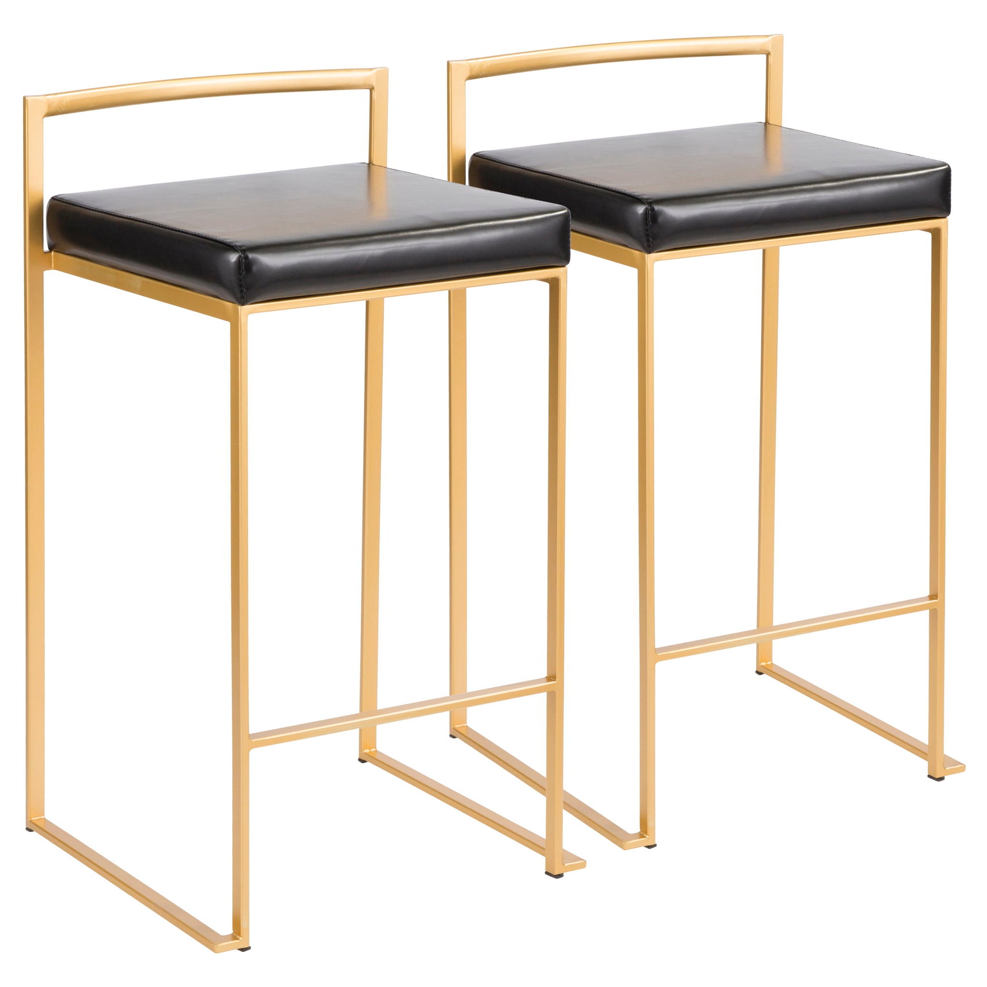 The Fuji Counter Stool set features two contemporary/glam stools with gold metal frames, square black cushioned seats, and low rectangular backrests for a sleek, minimalist look.