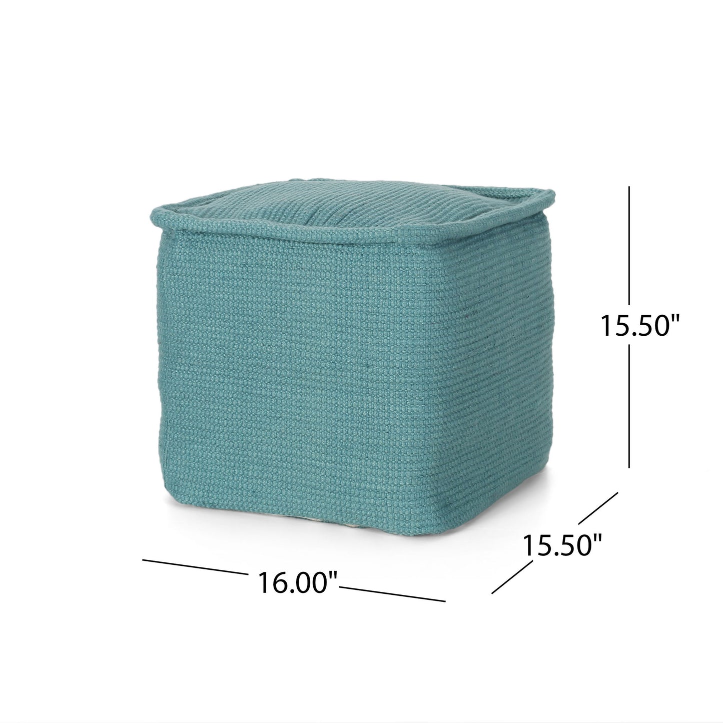 The Hansolo Yarn Square Pouf Ottoman or Floor Cushion in teal is a woven fabric cube measuring 16" wide, 15.5" deep, and 15.5" high.