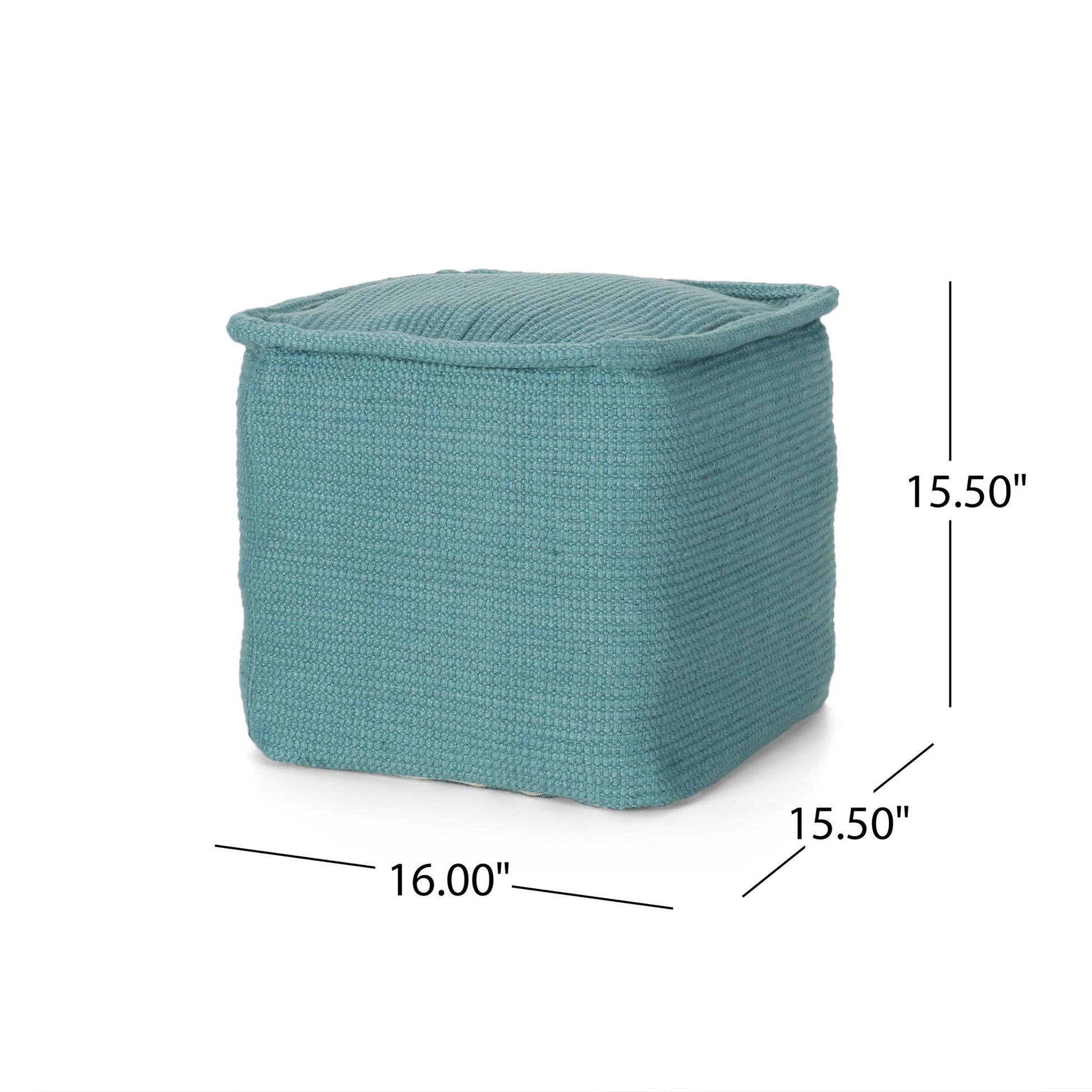 The Hansolo Yarn Square Pouf Ottoman or Floor Cushion in teal is a woven fabric cube measuring 16" wide, 15.5" deep, and 15.5" high.