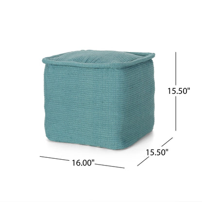 The Hansolo Yarn Square Pouf Ottoman or Floor Cushion in teal is a woven fabric cube measuring 16" wide, 15.5" deep, and 15.5" high.
