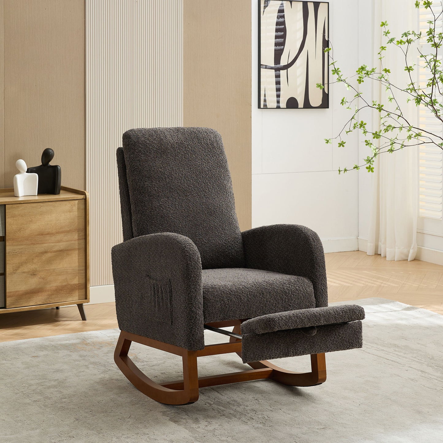 Rocking High Back Glider Chair With Retractable Footrest, Side Pocket