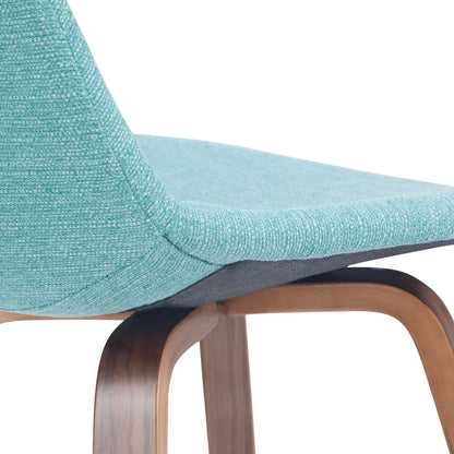 Close-up of the Randolph Bentwood Counter / Bar Height Stool, featuring a light blue textured fabric seat and backrest, with bent wooden legs in a smooth finish. Only part of the stool set is visible.