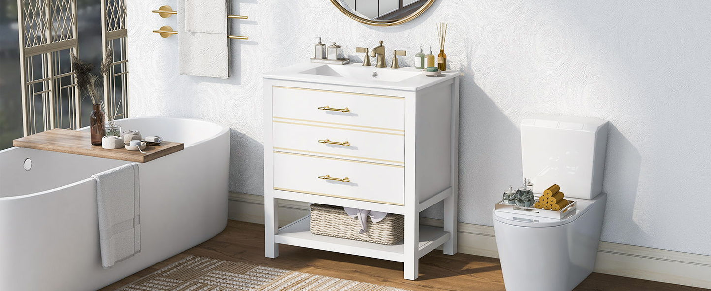 A modern bathroom features a freestanding tub by the window, a Modern Bathroom Vanity Cabinet combo with open storage and two drawers, a round mirror, towels on the wall, and a toilet with decor, all set on wood flooring.