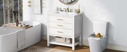 A modern bathroom features a freestanding tub by the window, a Modern Bathroom Vanity Cabinet combo with open storage and two drawers, a round mirror, towels on the wall, and a toilet with decor, all set on wood flooring.