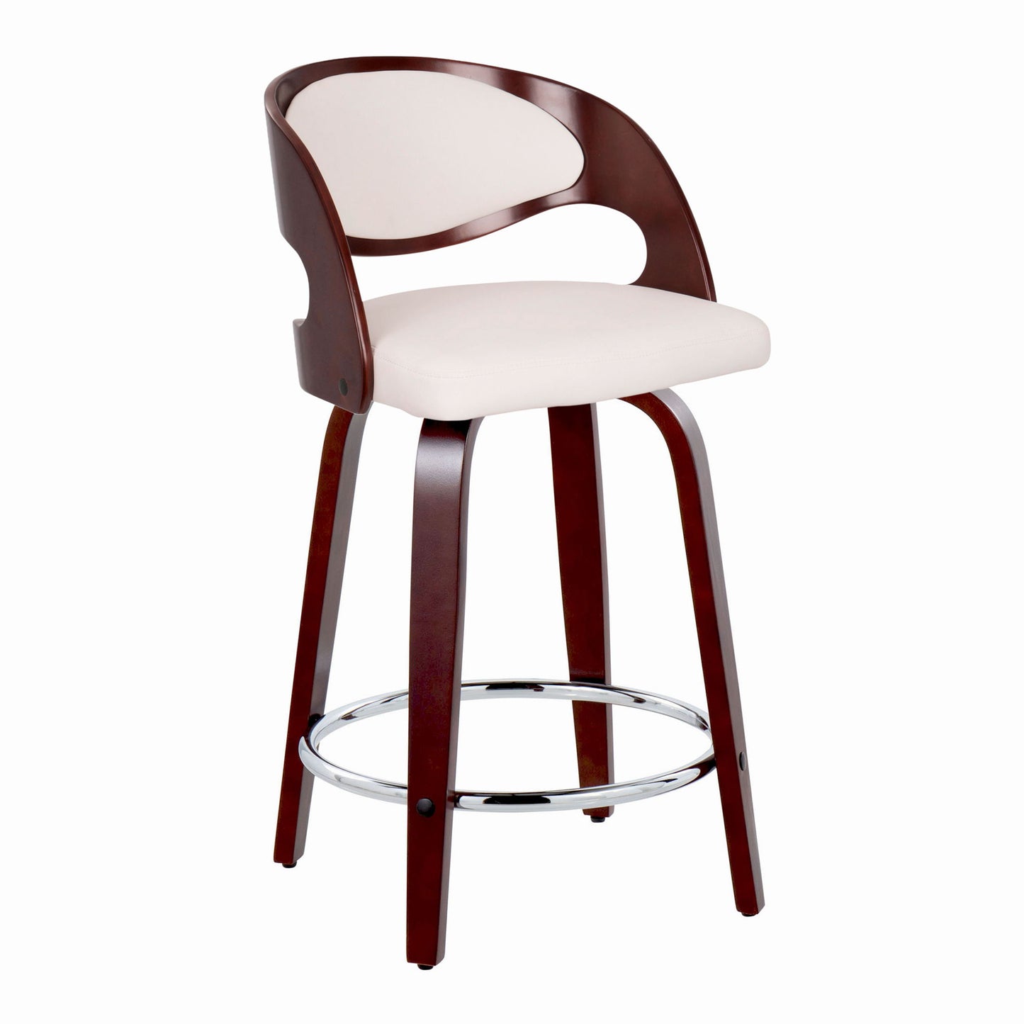 The Pino Mid Century Modern Fixed Height Barstool features a curved wooden backrest, cream upholstered seat, wooden legs, and a round metal footrest; shown here in a set of 2 against a white background.