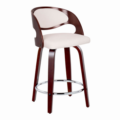 The Pino Mid Century Modern Fixed Height Barstool features a curved wooden backrest, cream upholstered seat, wooden legs, and a round metal footrest; shown here in a set of 2 against a white background.