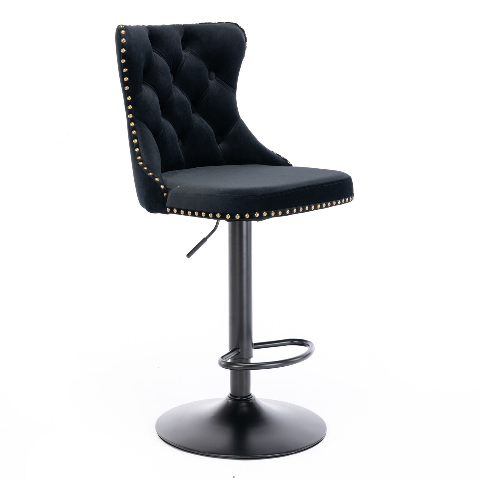 The Swivel Velvet Barstools (Set of 2) feature a modern black tufted back, gold stud accents, cushioned seat, circular footrest, and a round pedestal base. Adjustable seat height makes them ideal for home pubs and kitchen islands.