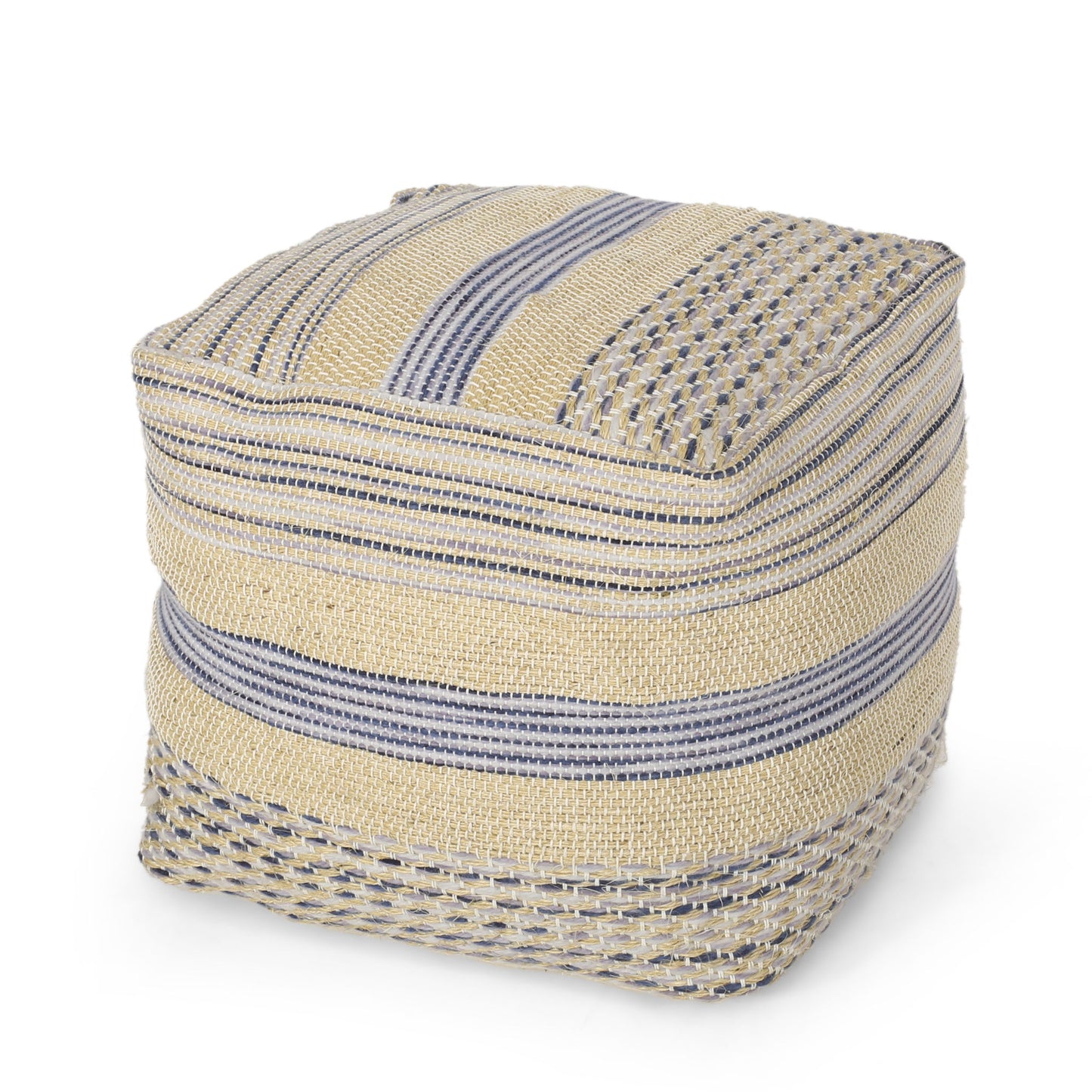 The Western - Handcrafted Fabric Pouf features durable, natural and blue fabric in a square woven design with a soft, textured handcrafted look. It appears on a plain white background.