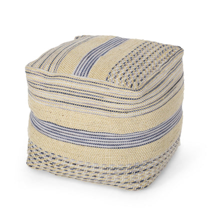 The Western - Handcrafted Fabric Pouf features durable, natural and blue fabric in a square woven design with a soft, textured handcrafted look. It appears on a plain white background.