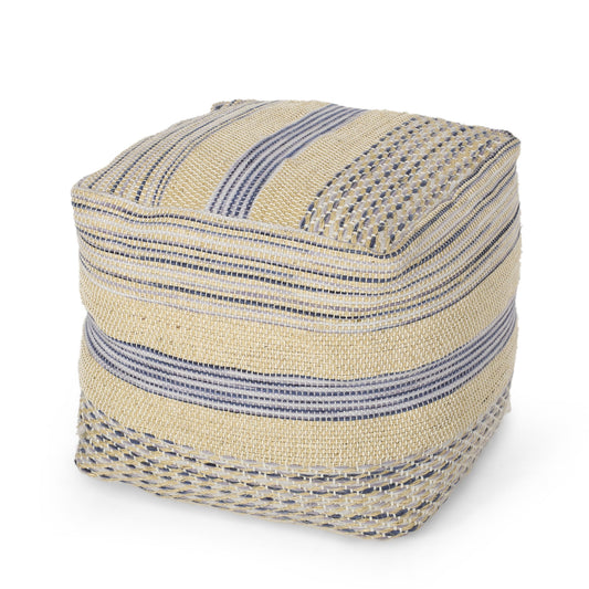 The Western - Handcrafted Fabric Pouf features durable, natural and blue fabric in a square woven design with a soft, textured handcrafted look. It appears on a plain white background.
