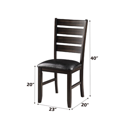 The Urbana Synthetic Leather Side Chair (Set of 2) features a dark wooden ladder back and black cushioned seat. Each chair measures 40" tall, 20" wide, and 23" deep.