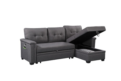 The Nathan Reversible Sleeper Sectional Sofa in gray features tufted back cushions, a storage chaise with a striped blanket, USB charging ports, and a side pocket on the armrest.
