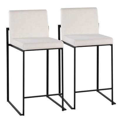 The Fuji High Back Counter Stools feature sleek, white cushioned seats and backs with minimalist black metal frames and straight legs, offering contemporary modern elegance without armrests.