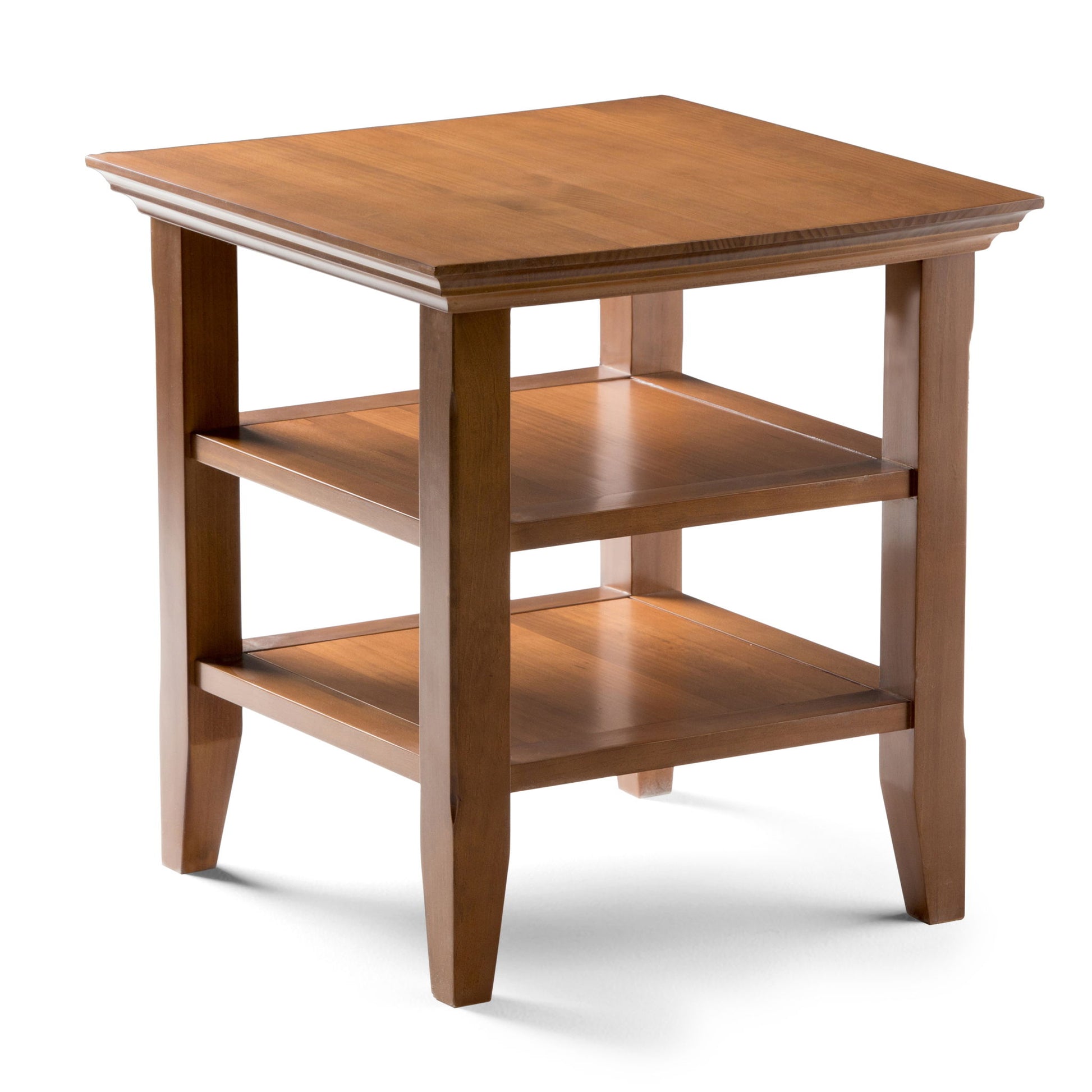 The Acadian - Handcrafted End Table features a square wooden top, two lower shelves, tapered legs, and a medium brown finish.