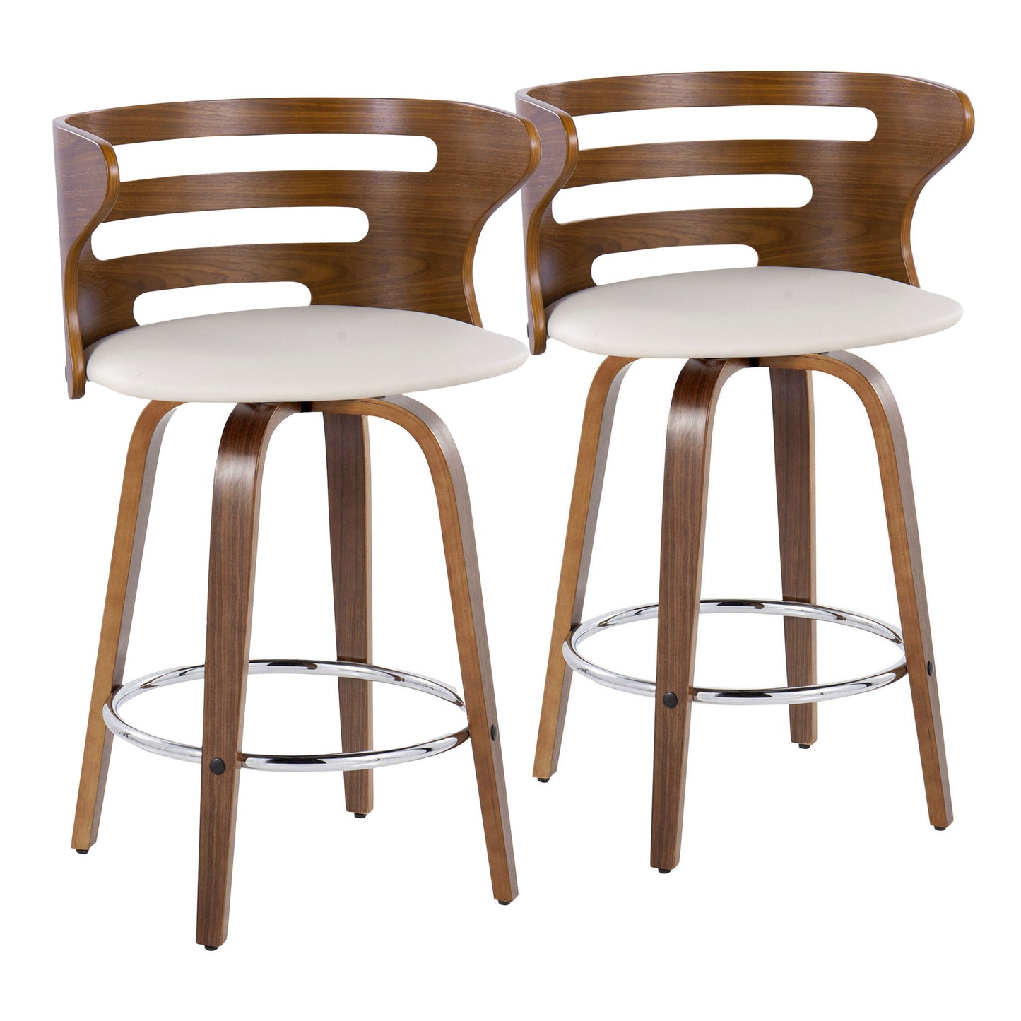 The Cosini set includes two mid-century modern barstools with curved wooden backs, cream round seats, four angled wooden legs, a swivel feature, and a circular chrome footrest.