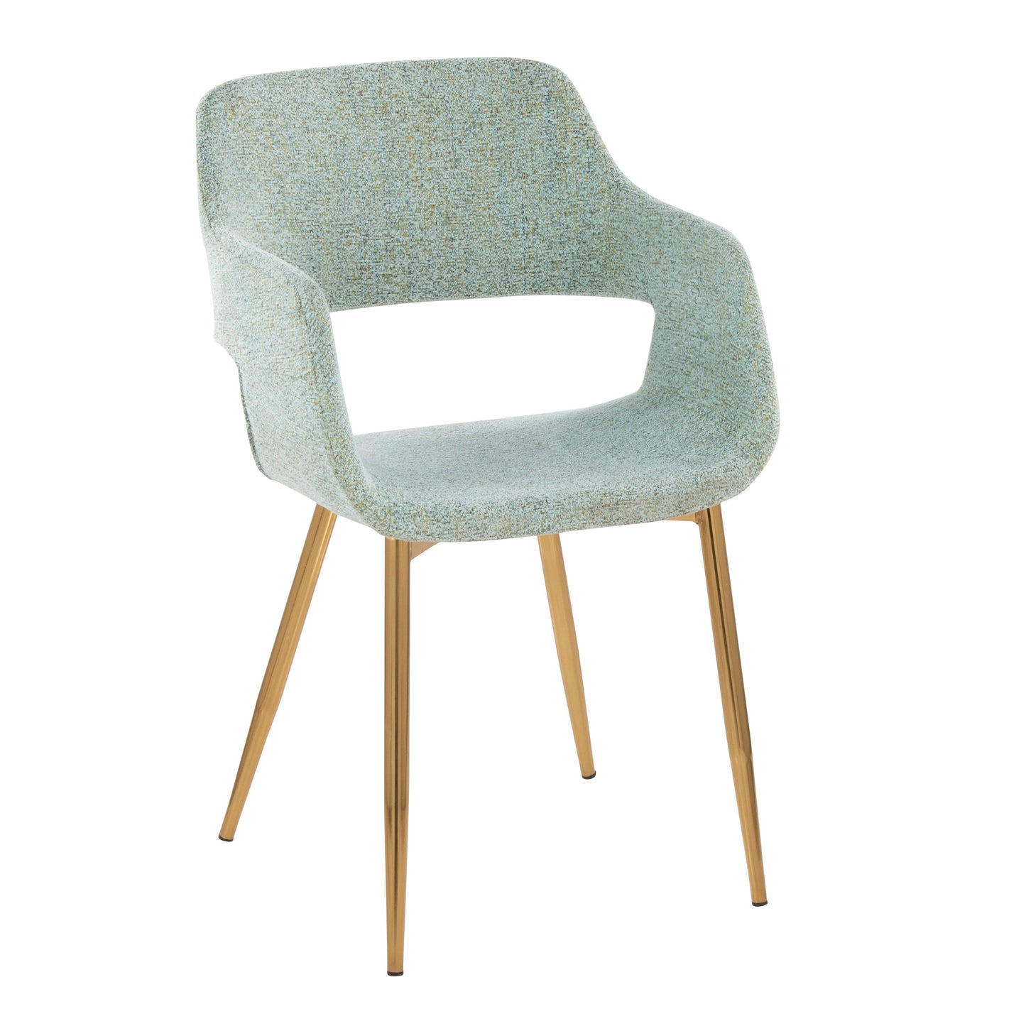 The Margarite chair set features a contemporary design with light blue upholstery, an open space between the seat and backrest, and is supported by four angled, gold-tone metal legs.