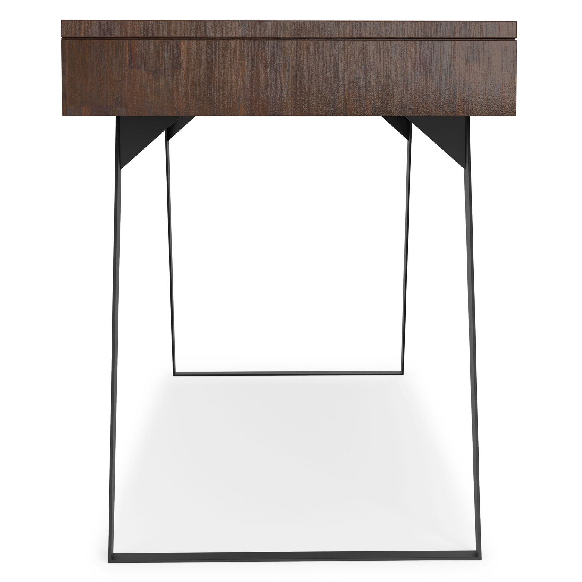 The Lowry - Handcrafted Desk features a dark wooden top and sleek black metal legs in a geometric, trapezoidal frame, viewed from the front against a white background.