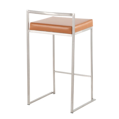 The Fuji Contemporary Elegant Stackable Counter Stool Set features a sleek silver metal frame, square tan cushioned seat, and minimalist open-back design for a modern touch.