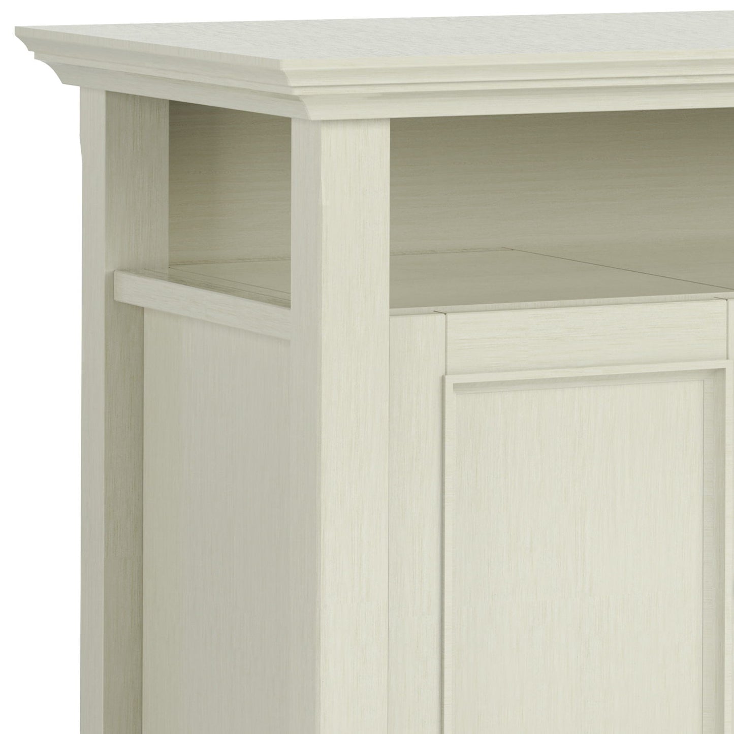 A close-up of the Amherst TV Media Stand, Handcrafted, featuring a light wood finish, open top shelf, closed panel door below, simple clean lines, and a slightly textured surface.