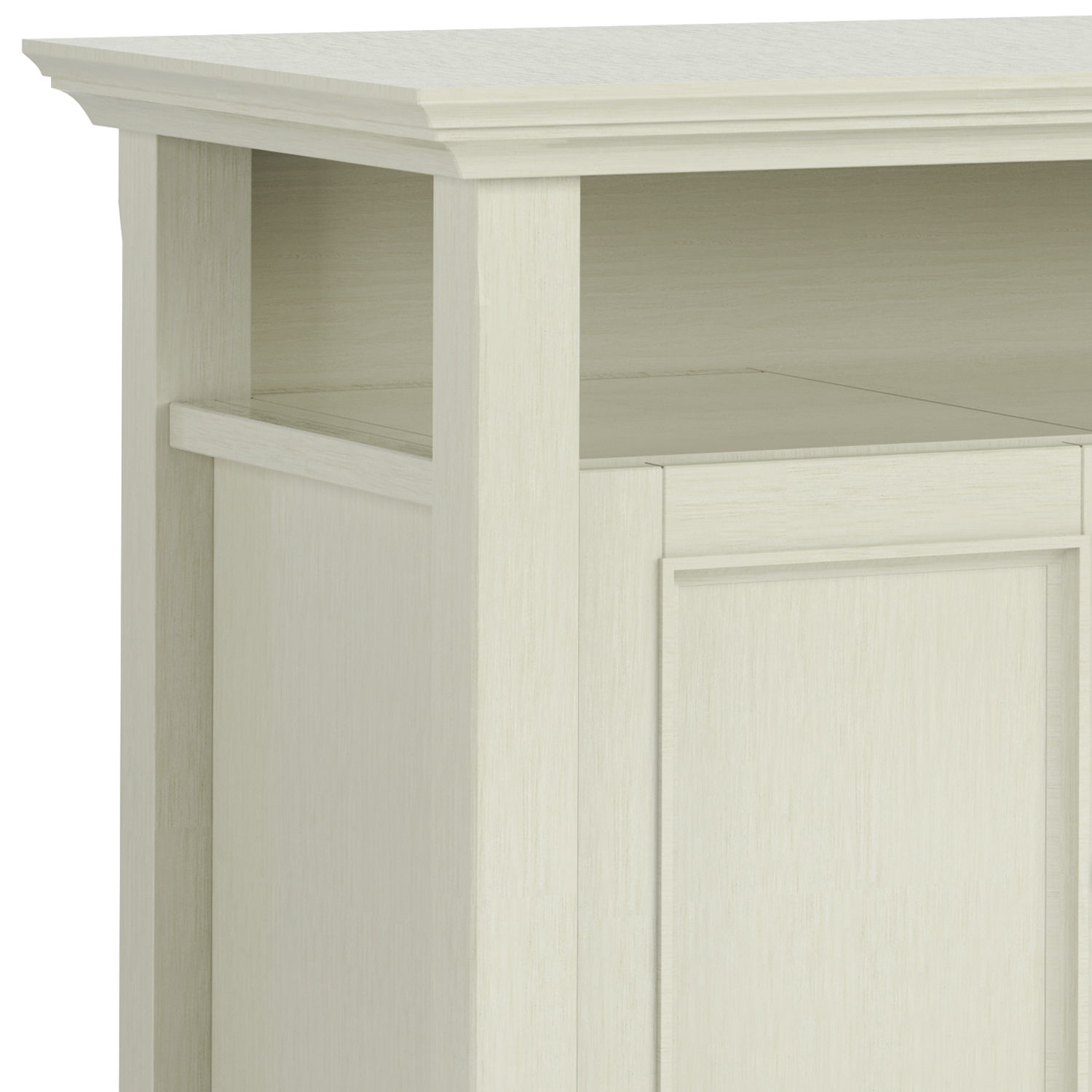 A close-up of the Amherst TV Media Stand, Handcrafted, featuring a light wood finish, open top shelf, closed panel door below, simple clean lines, and a slightly textured surface.