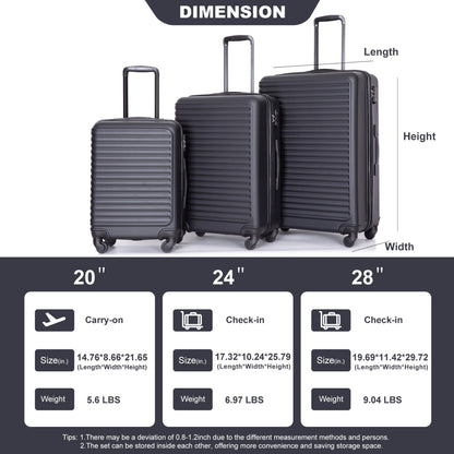 3 Piece Luggage Sets Lightweight Suitcase With Two Hooks, Spinner Wheels, Tsa Lock
