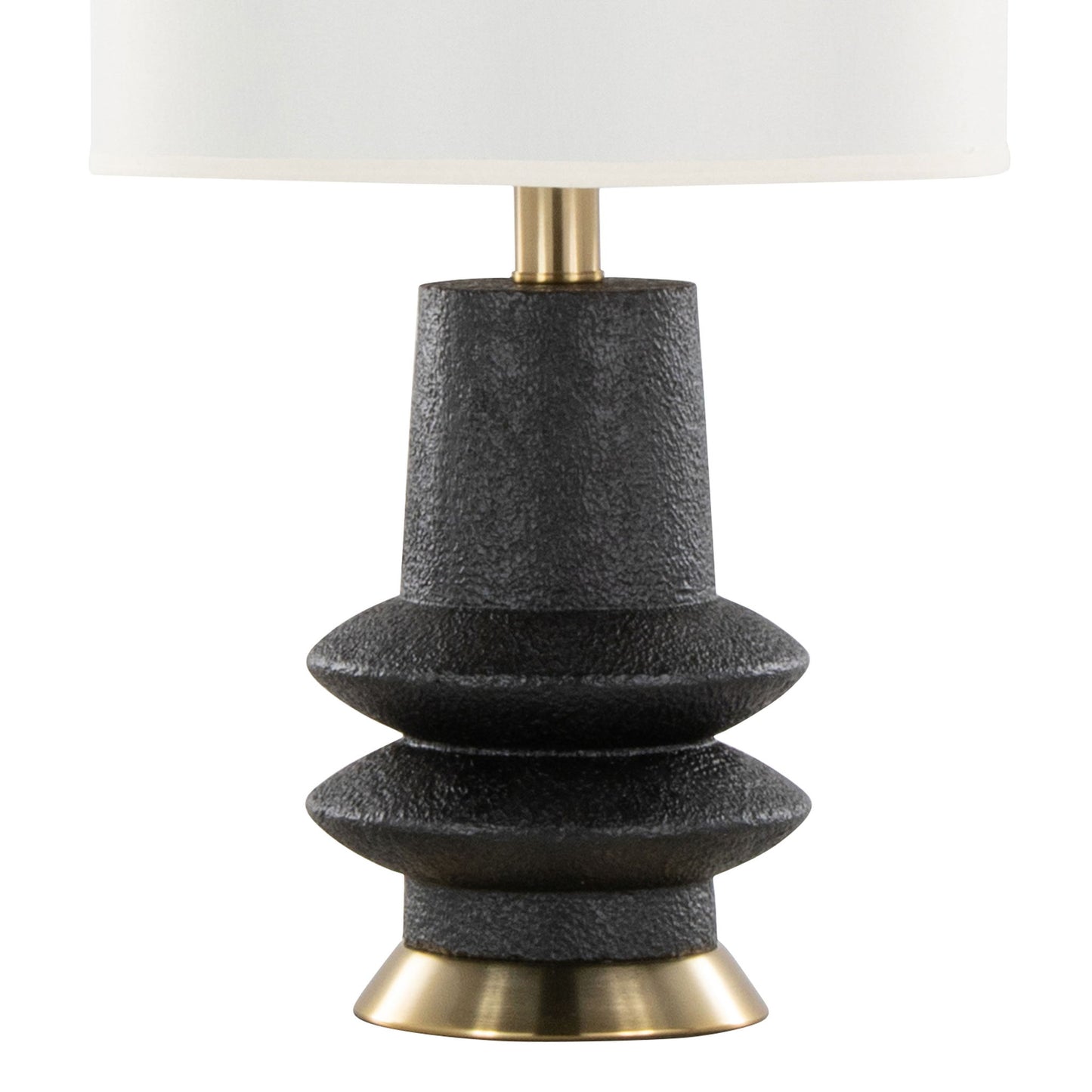 The Lloyd Contemporary Table Lamp (Set of 2) features a textured black geometric base, gold accents at the bottom and neck, and a white cylindrical lampshade.