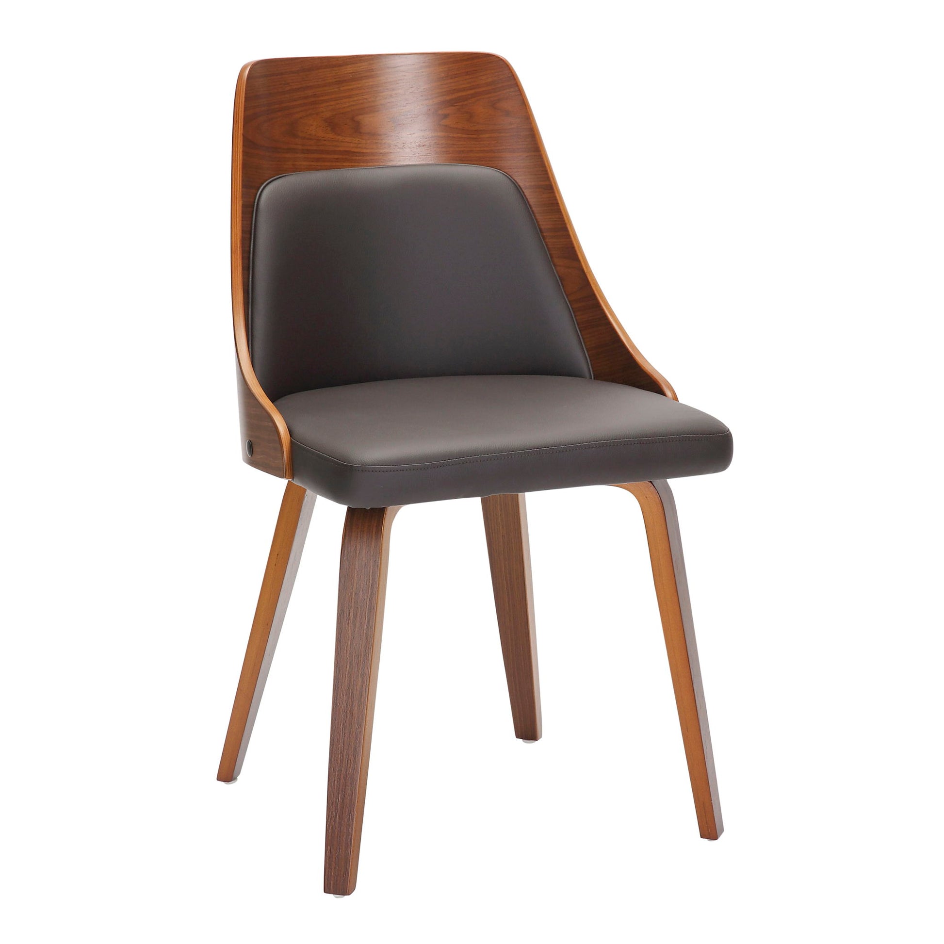 The Anabelle Mid-Century Modern Dining Chair (Set of 2) features a curved walnut backrest, padded dark brown seat, and angled legs, blending wood with leather-like upholstery for a stylish contemporary design.