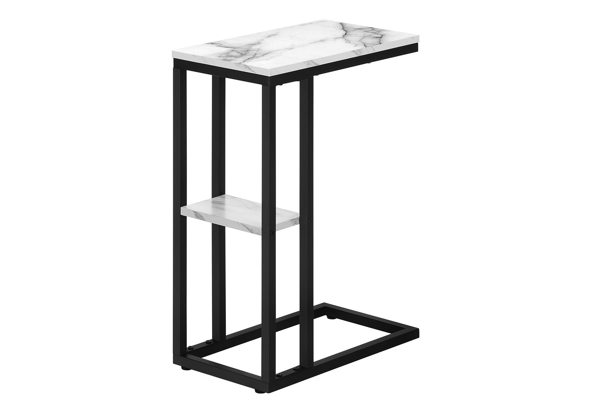 The Accent Table C - Shaped, Contemporary & Modern features a black metal frame, white marble-patterned top, and small lower shelf. Its modern design allows it to slide easily under a sofa or chair.