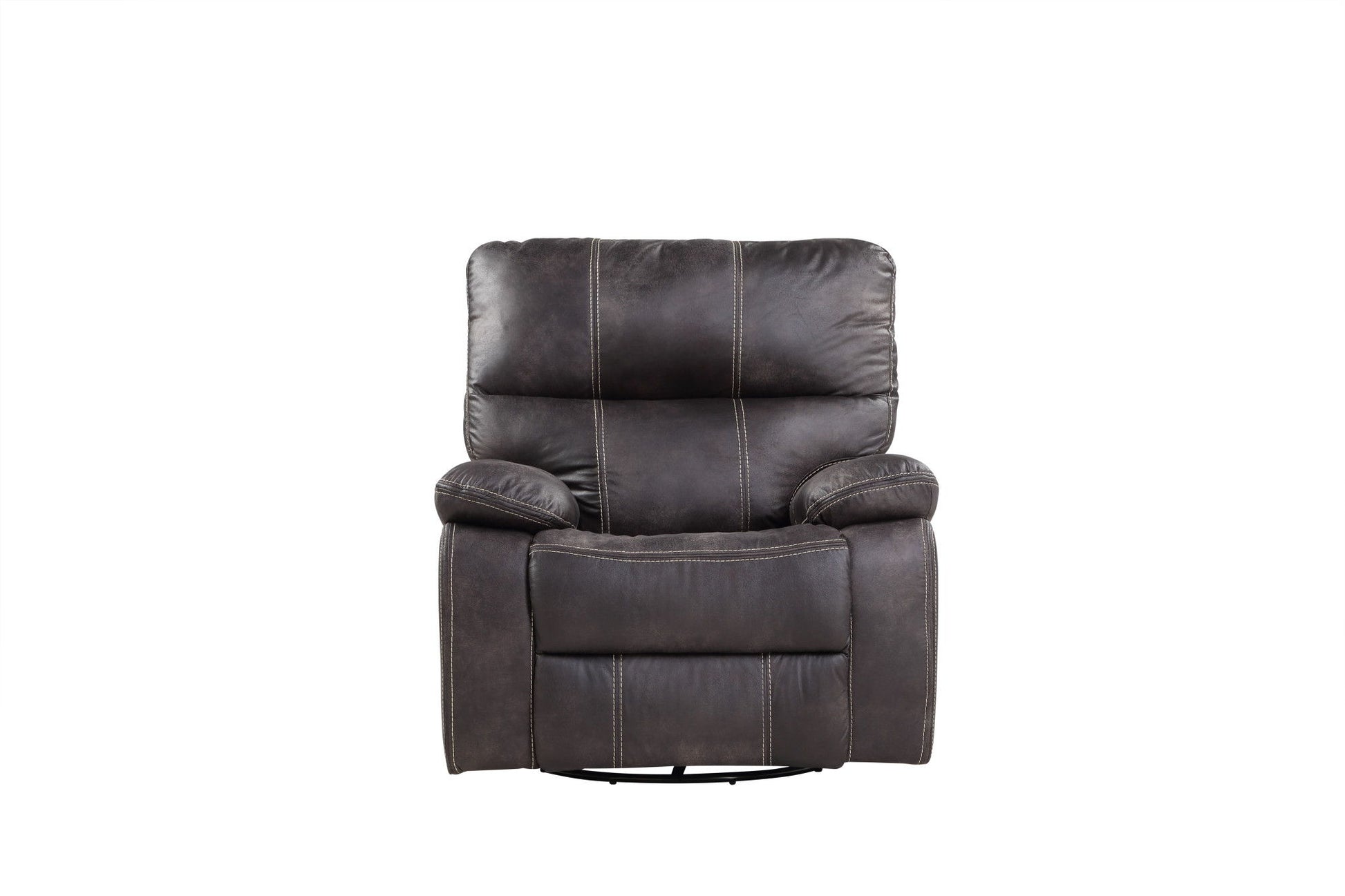 The Hooper - Swivel Gliding Recliner features visible stitching on its dark brown leather backrest, armrests, and footrest, set against a white background. Its plush design enhances comfort.