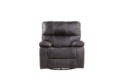 The Hooper - Swivel Gliding Recliner features visible stitching on its dark brown leather backrest, armrests, and footrest, set against a white background. Its plush design enhances comfort.