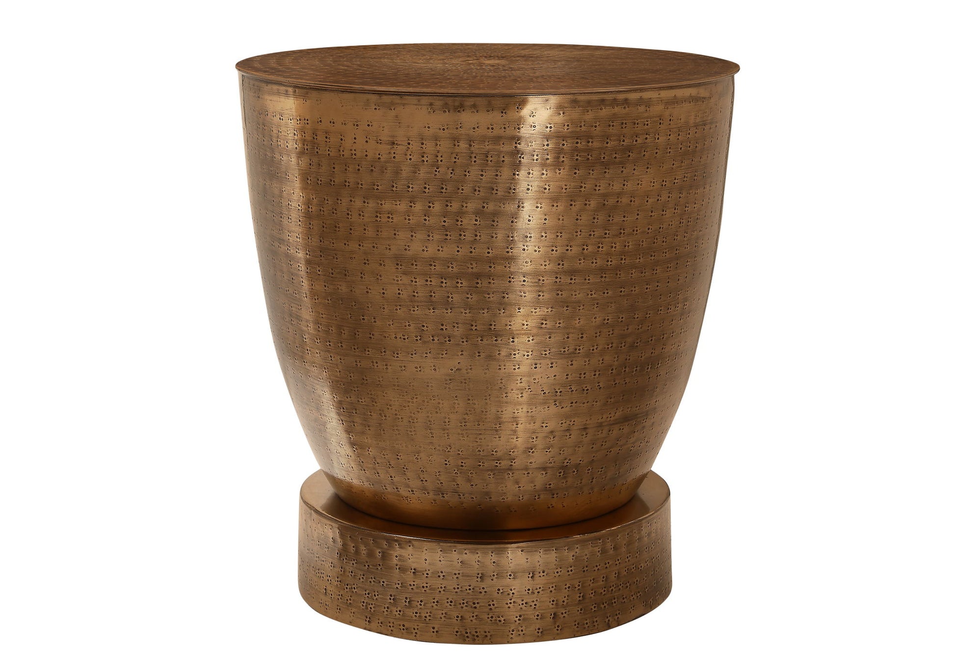 The Drum Accent Side Table features a metallic copper finish, drum shape, subtle textured pattern, and a round base in a contemporary and modern design, shown against a white background.