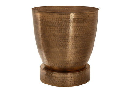 The Drum Accent Side Table features a metallic copper finish, drum shape, subtle textured pattern, and a round base in a contemporary and modern design, shown against a white background.