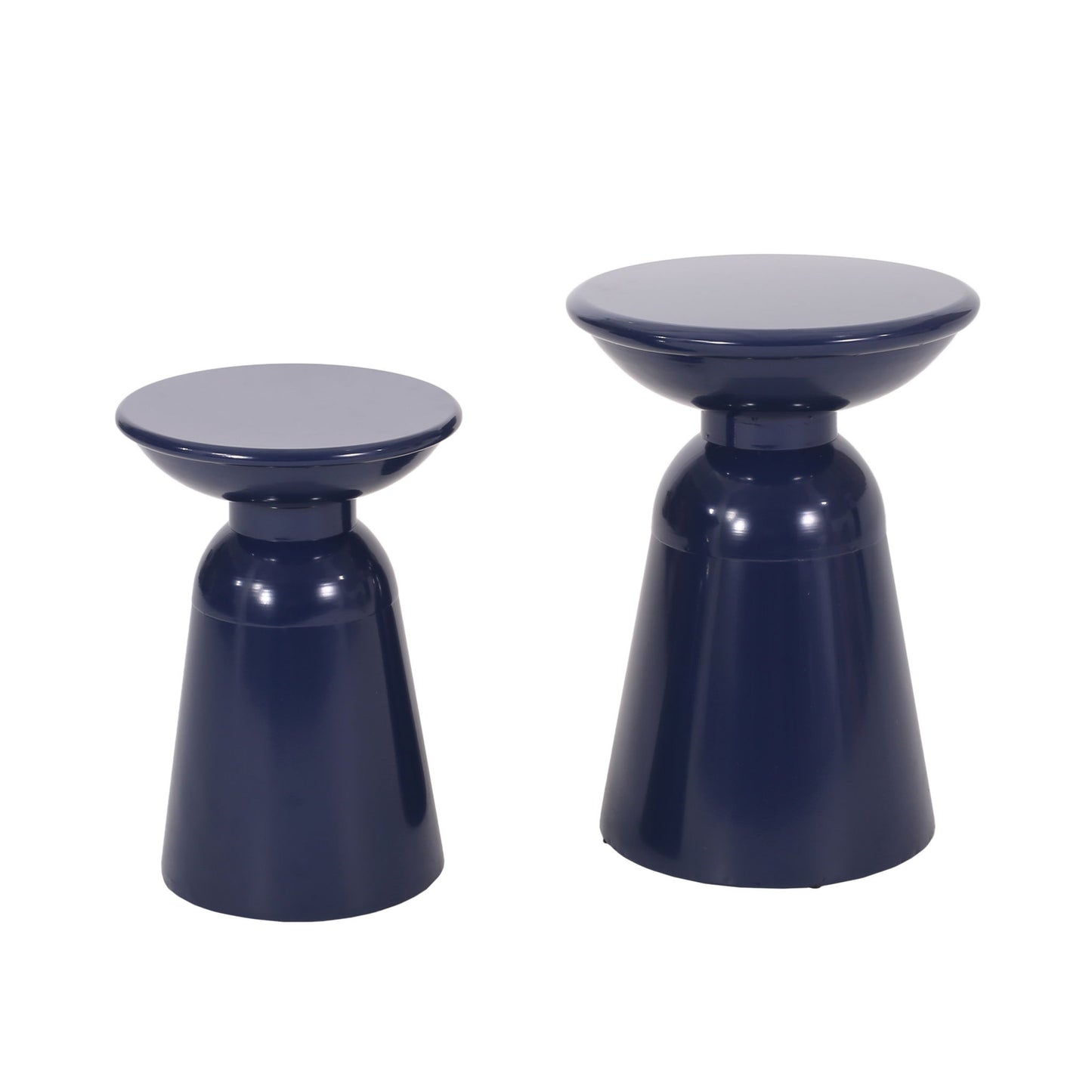 The Serenita Outdoor Side Tables feature a modern flared design in glossy navy blue, with one larger and one smaller table, both with round tops and hourglass bases. Perfect as stools or side tables for any space. Set of 2 shown on a white background.