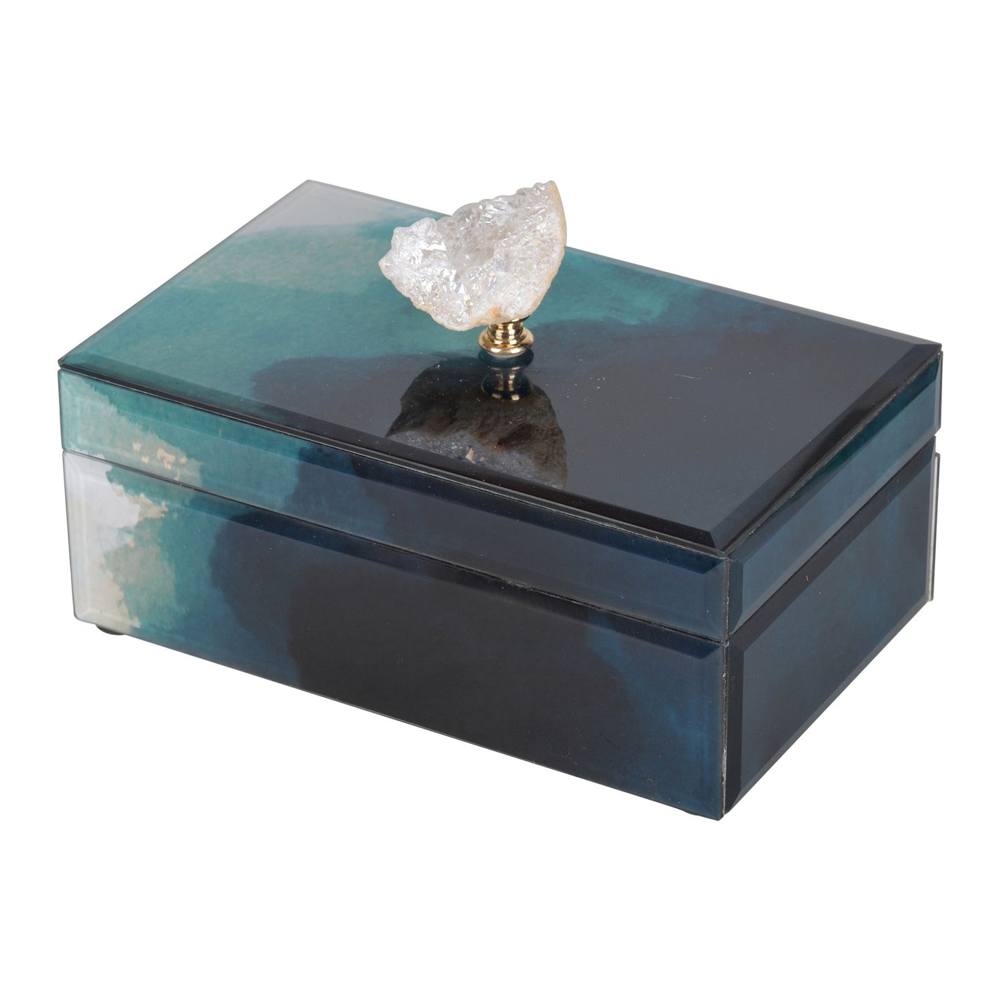 The Bethany - Aqua Jewelry Box is a rectangular, glossy storage box with a blue and green gradient design, featuring a stackable lid topped with a decorative clear crystal knob on a gold base.