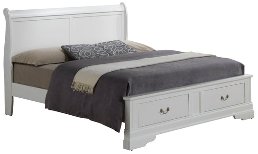 The Louis Phillipe Storage Bed features a white wooden frame with two storage drawers at the foot, topped with a gray comforter, beige blanket, two pillows, and a decorative pillow.