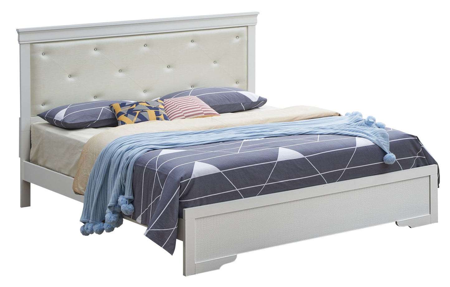 The Chic Elegantly Designed Transitional Bed features a stylish white headboard.