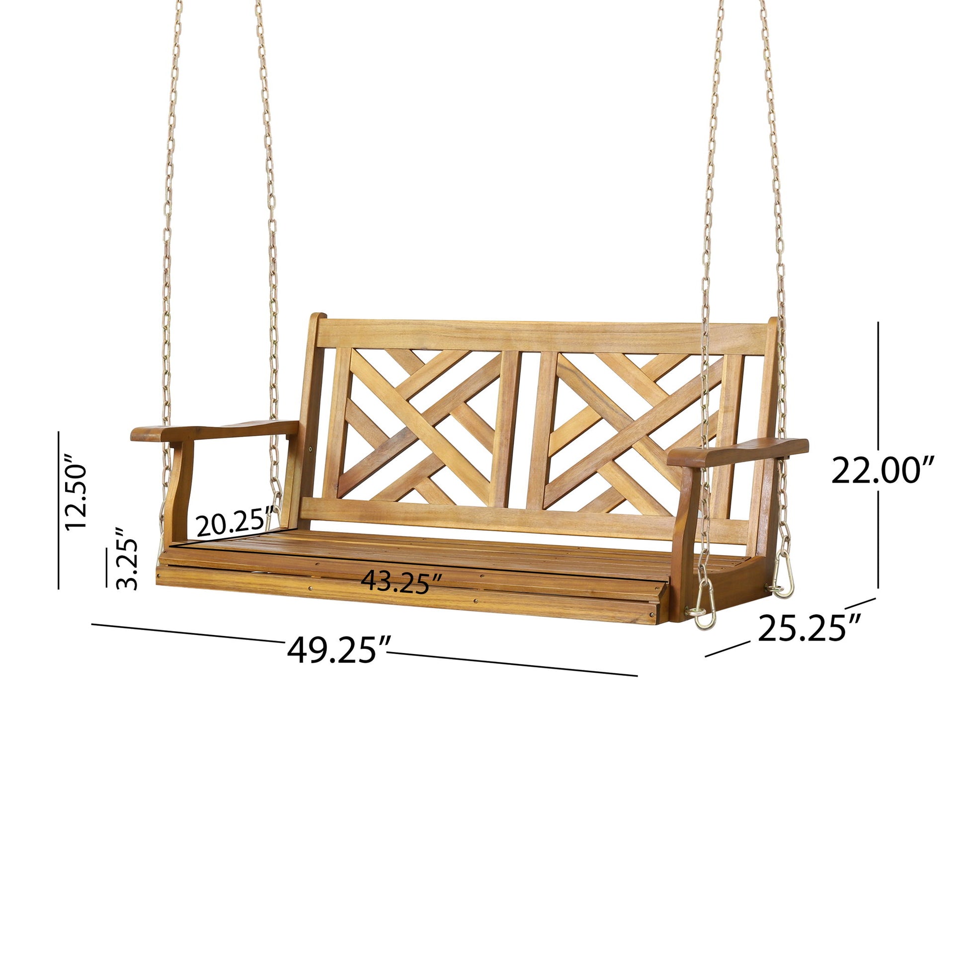 The Alejandro Acacia Wood Porch Swing features slat panel seating, armrests, metal hanging chains, and dimensions of 49.25" W x 25.25" D x 22" H back with 12.5" tall armrests.
