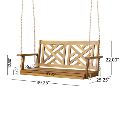 The Alejandro Acacia Wood Porch Swing features slat panel seating, armrests, metal hanging chains, and dimensions of 49.25" W x 25.25" D x 22" H back with 12.5" tall armrests.