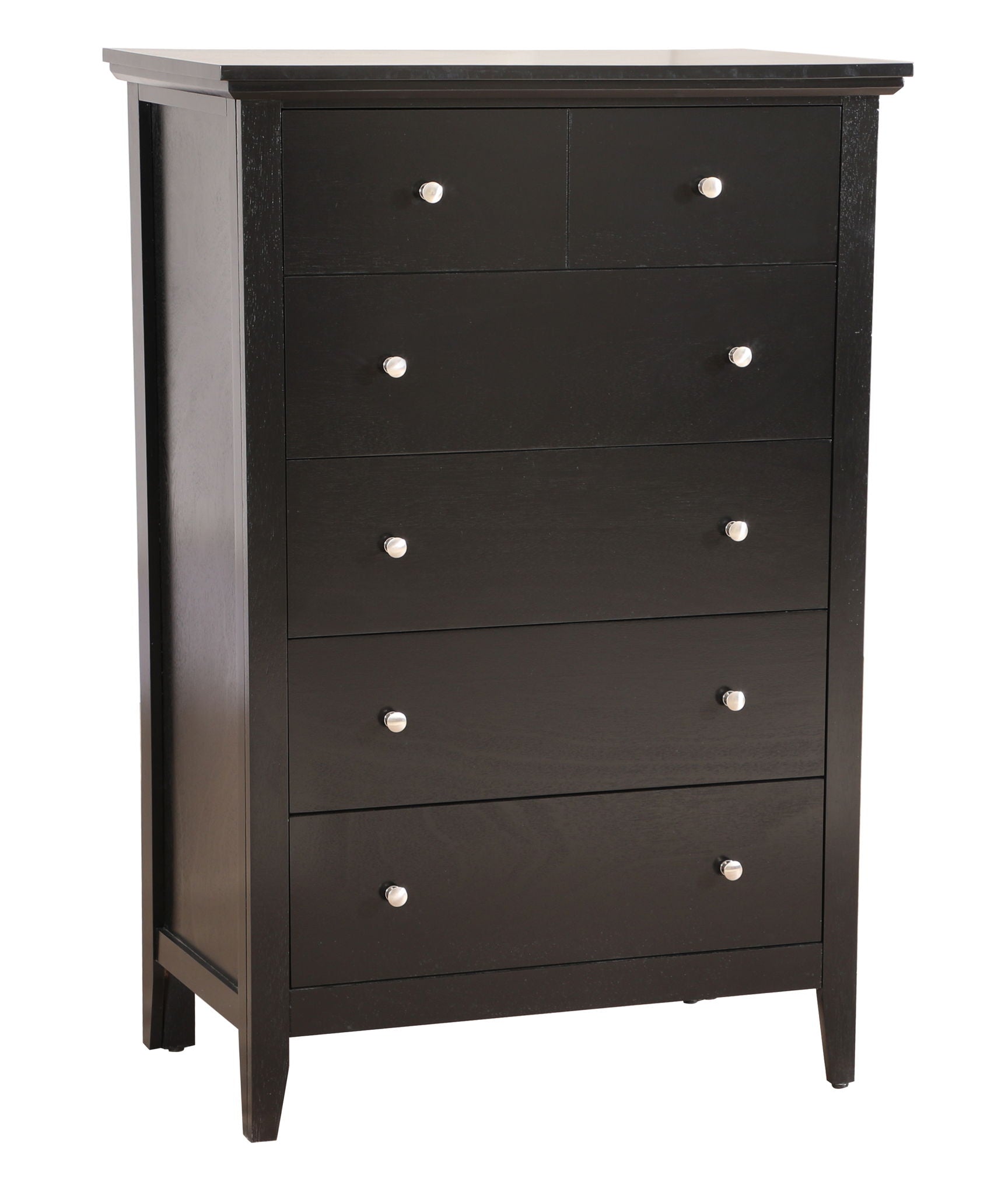 The Hammond Chest is a tall, black wooden dresser with five drawers featuring round silver knobs, standing on straight legs and showcasing a simple, modern design.