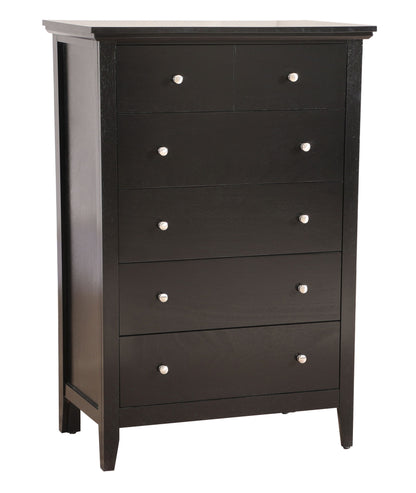 The Hammond Chest is a tall, black wooden dresser with five drawers featuring round silver knobs, standing on straight legs and showcasing a simple, modern design.