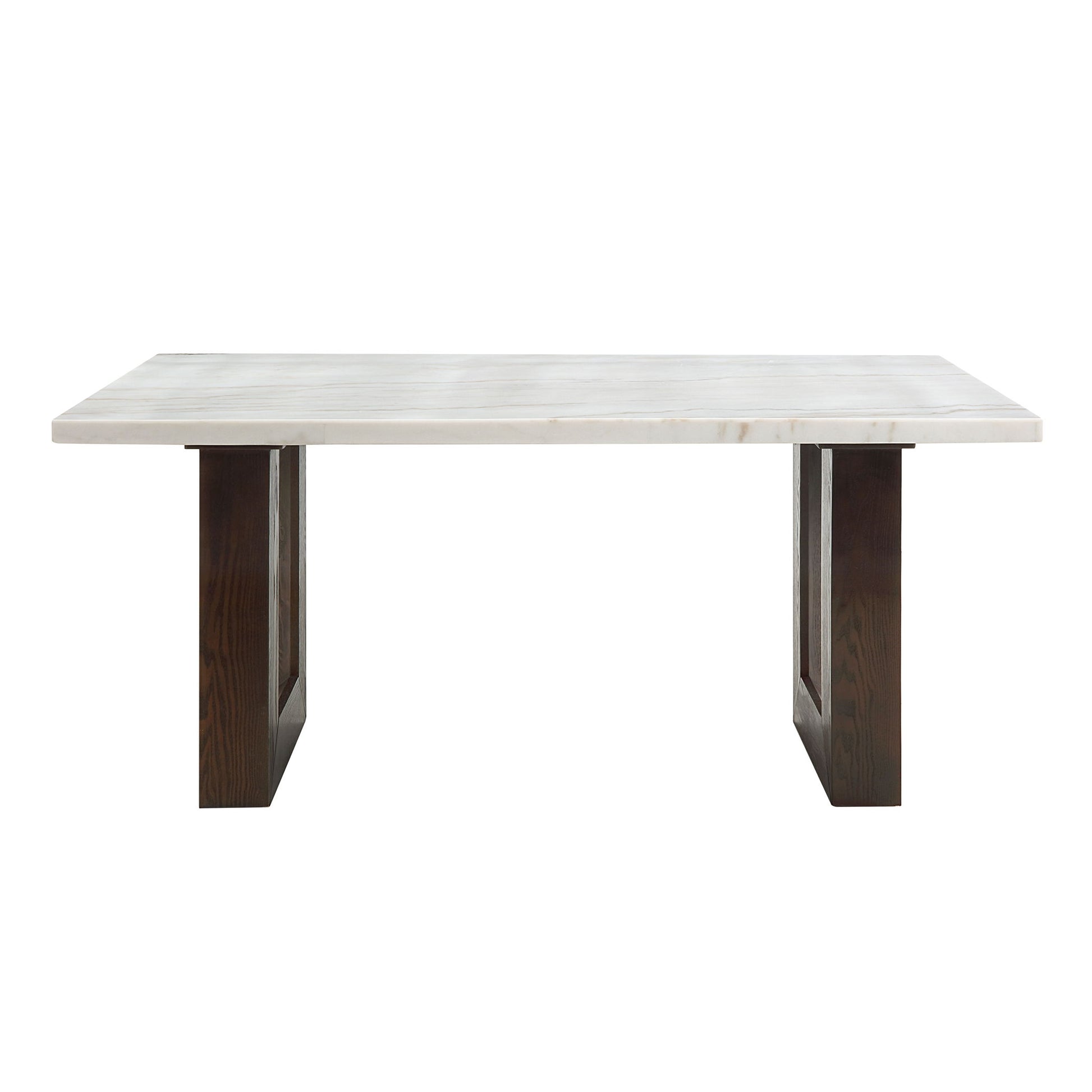 The Edwyn - Marble Top Dining Table - Natural features a rectangular white marble top and two wide, dark wooden legs at each end.