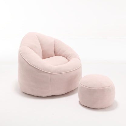 The Bedding Bean Bag Sofa Chair High Pressure Foam with Footrest in soft light pink is shown with its matching round ottoman on a plain white background.