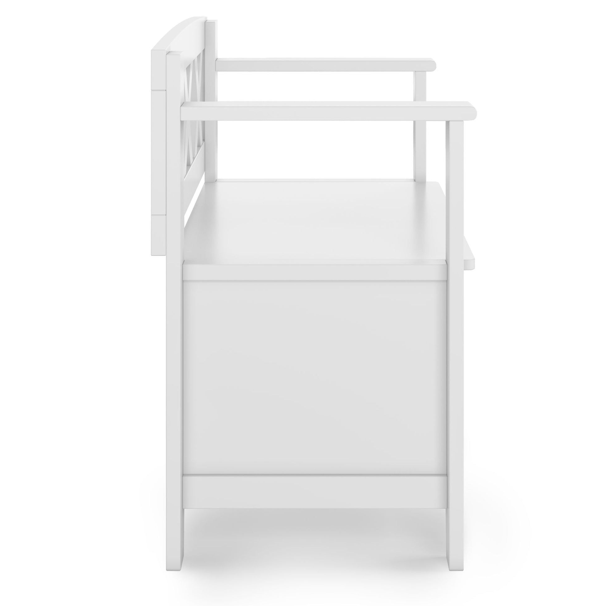 Side view of the Amherst - Small Transitional Entryway Storage Bench in white, featuring a storage compartment under the seat, armrests, and a decorative backrest, shown against a plain white background.