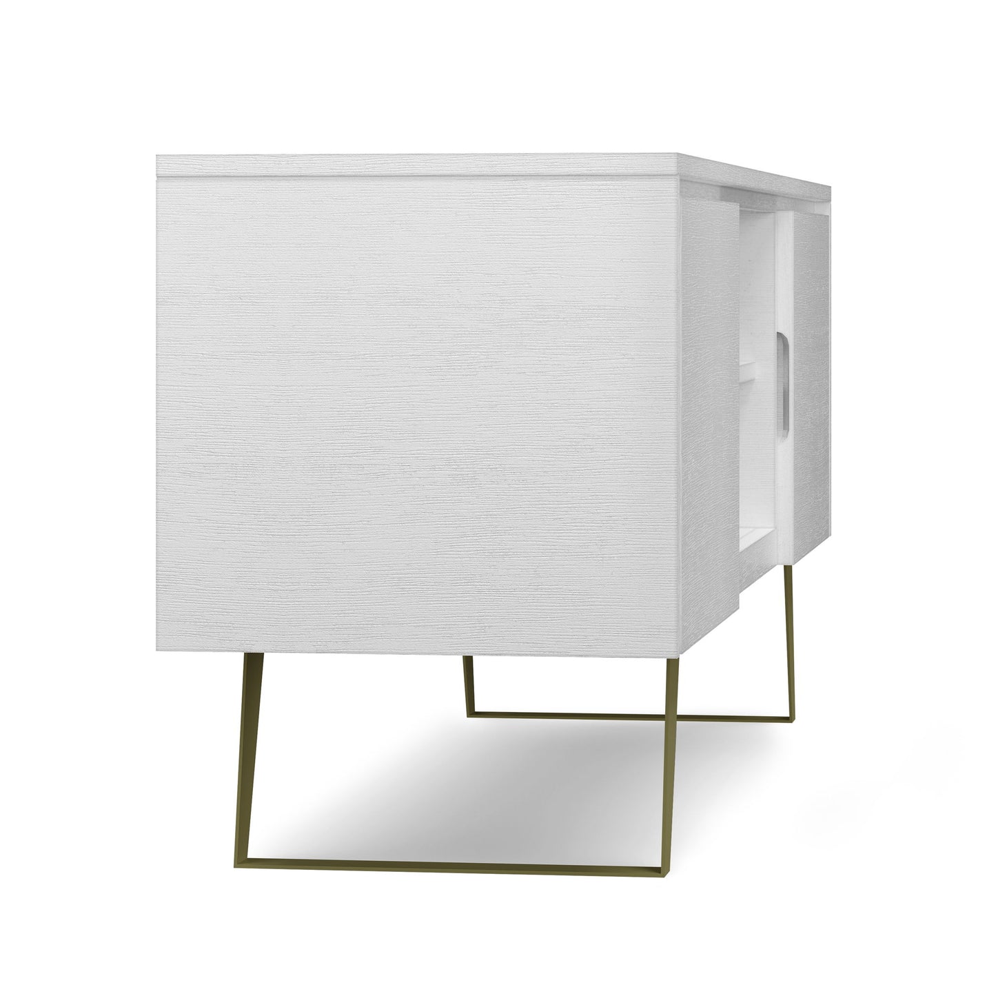 The Lowry Handcrafted TV Media Stand is a modern white wooden cabinet with open shelving, slim gold metal legs, and a minimalist design, shown from an angled side view on a white background.