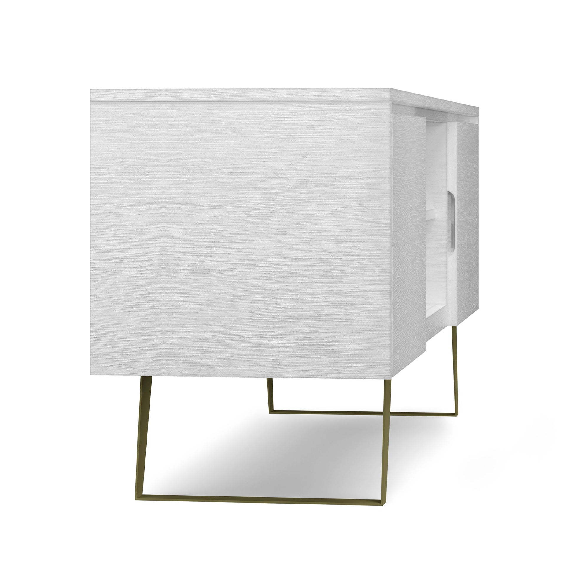 The Lowry Handcrafted TV Media Stand is a modern white wooden cabinet with open shelving, slim gold metal legs, and a minimalist design, shown from an angled side view on a white background.
