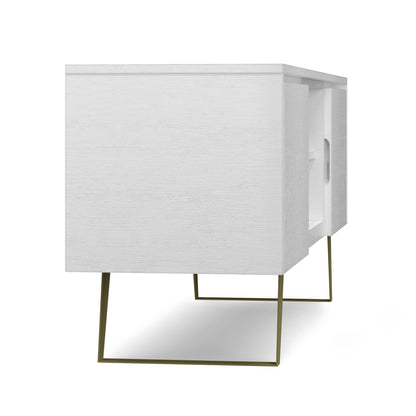 The Lowry Handcrafted TV Media Stand is a modern white wooden cabinet with open shelving, slim gold metal legs, and a minimalist design, shown from an angled side view on a white background.