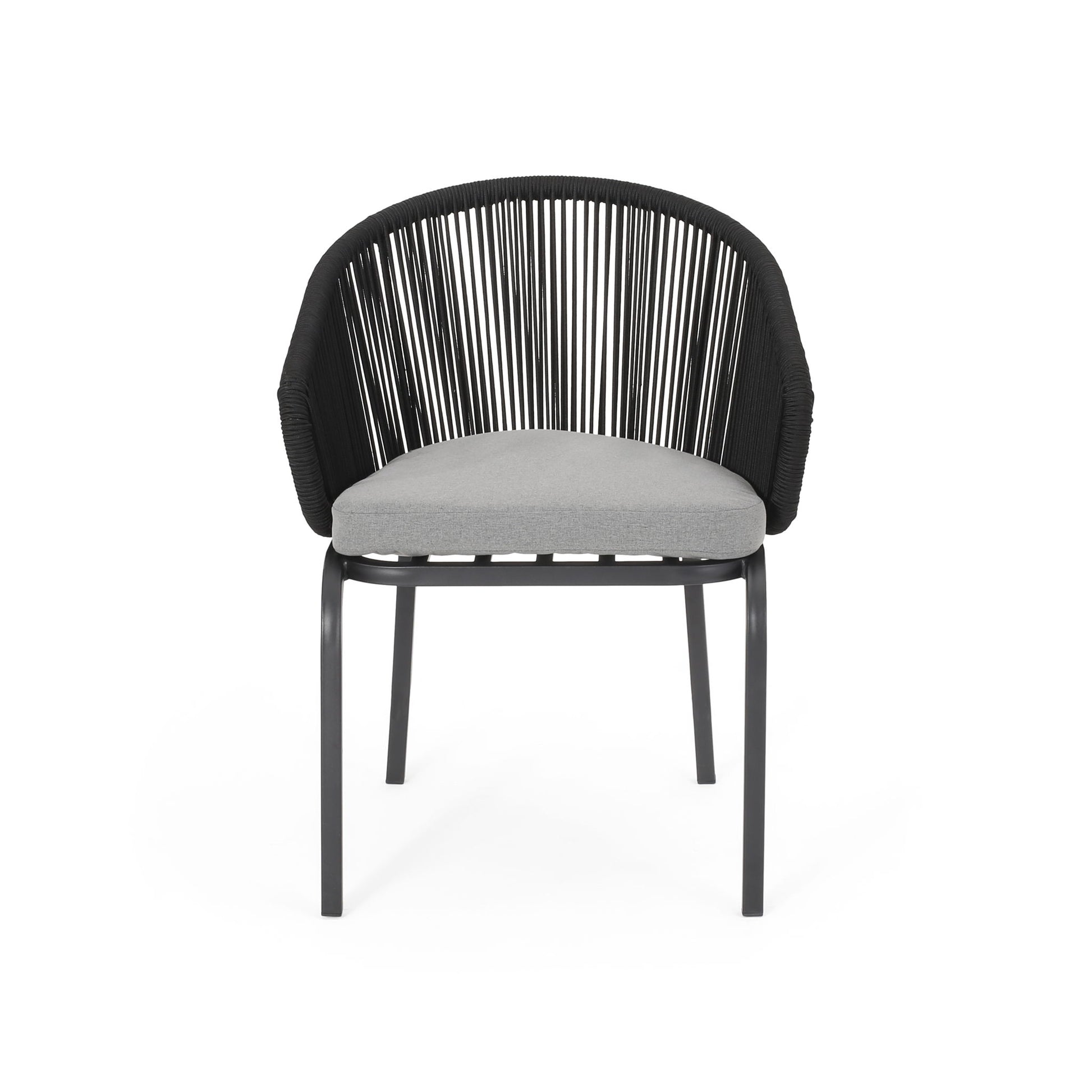 The Outdoor Wicker Chair features a black metal frame, curved backrest with vertical black cords, and a light gray cushioned seat, displayed against a white background.