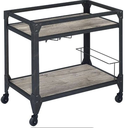 The Jorgensen Serving Cart in Rustic Oak/Charcoal features two wood-finish shelves, a black metal frame, wine glass rack, side bottle holder, and four rolling caster wheels.