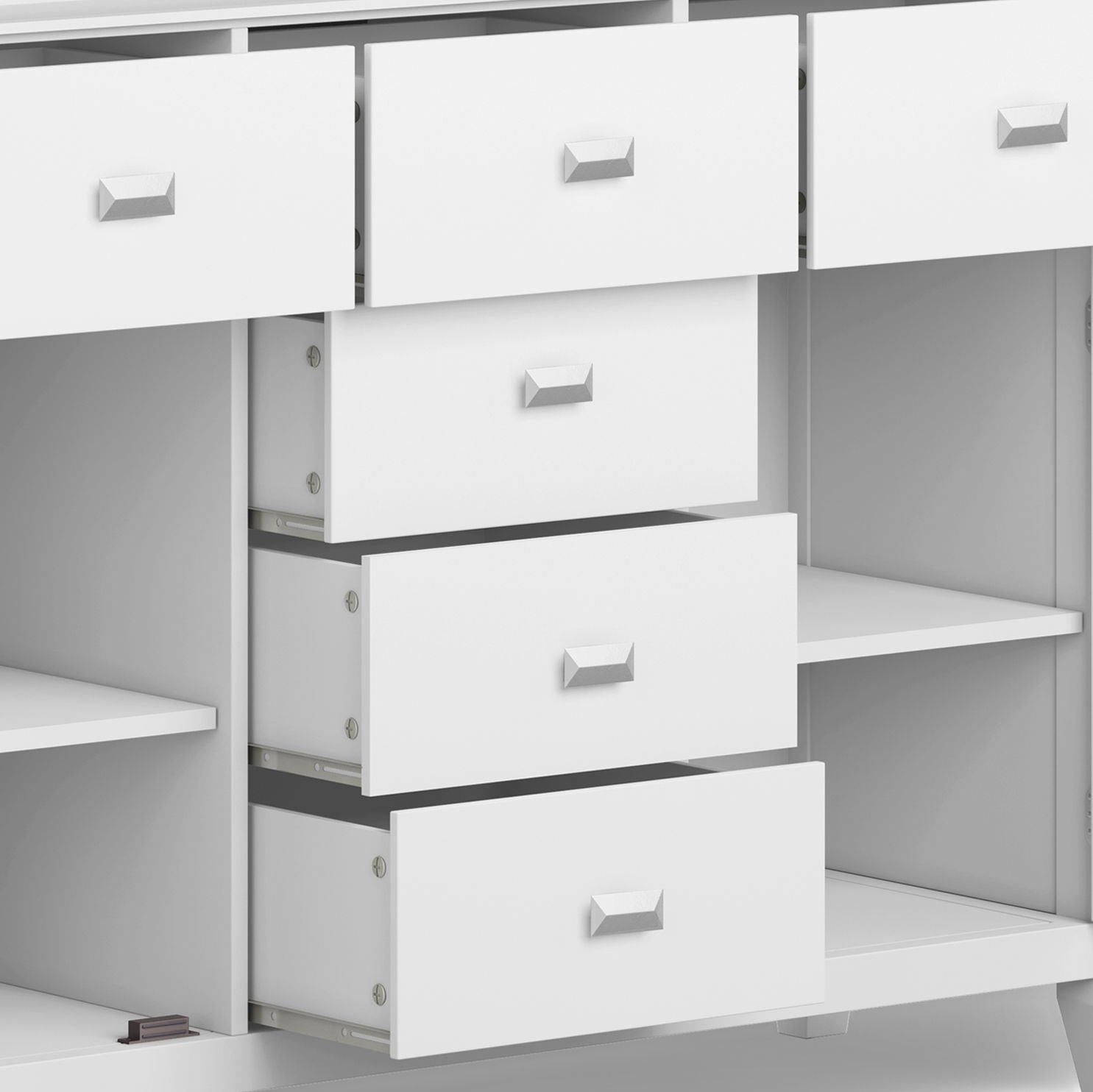 The Artisan - Handcrafted Sideboard Buffet features a modern white finish, three center drawers with silver square handles, and open shelving on both sides for stylish storage.