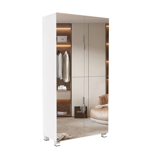 Shoe Cabinet With 4 Mirror Doors 50" Tall Entryway Storage, 8 Adjustable Shelves, Holds 24 32 Pairs (Size 15), Dust Proof Closet For Hallway / Apartment, Ventilation Holes - White